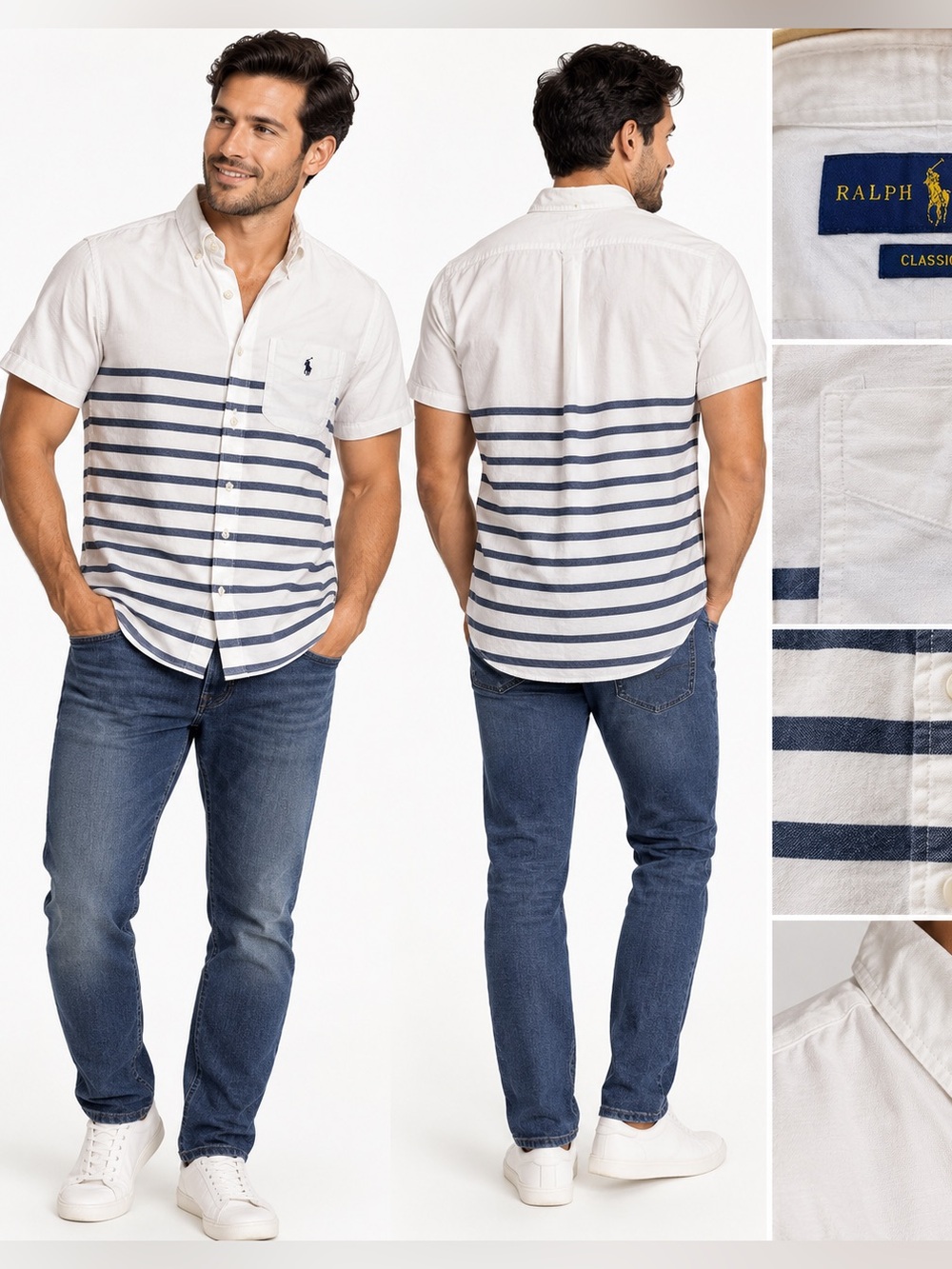 Polo by Ralph Lauren White Short-Sleeve Button-Down with Navy Stripes